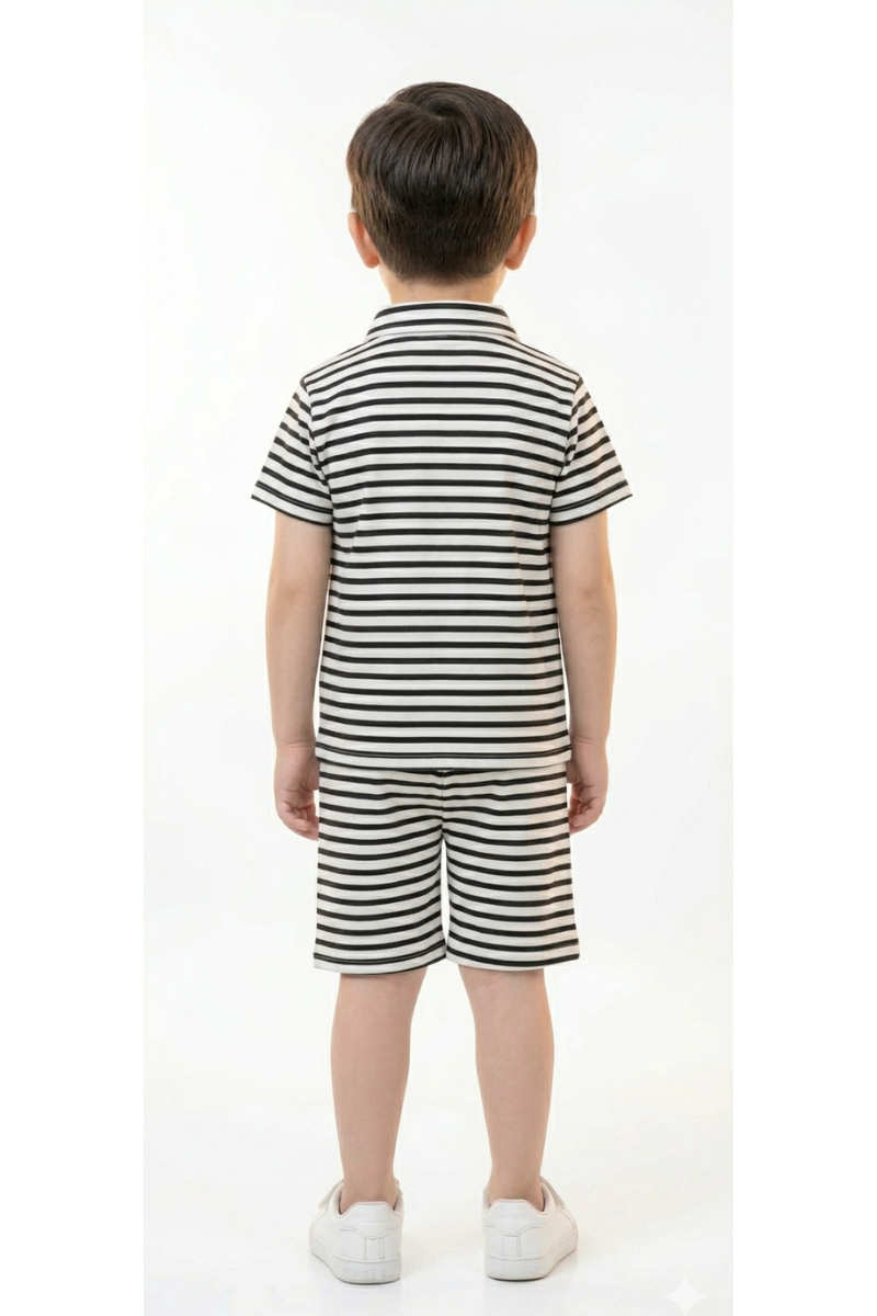 Boys' Black and White Striped Polo & Shorts Set