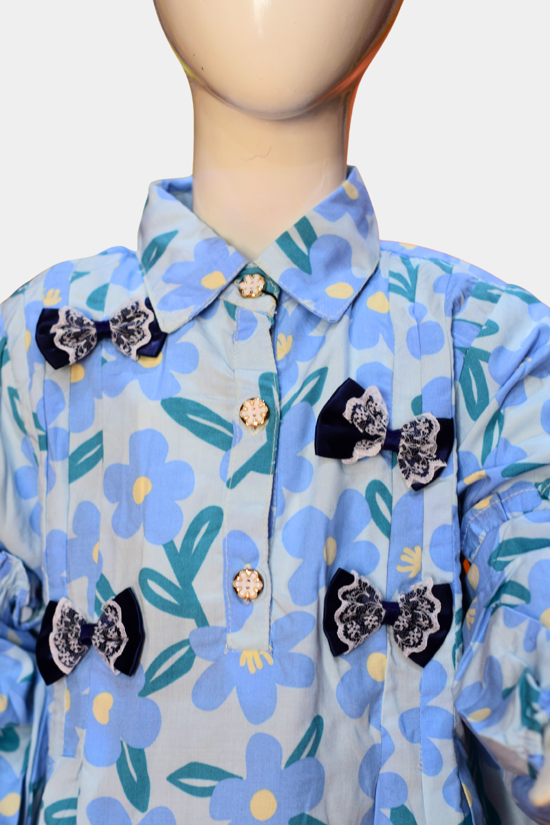 Girls' Floral Print Shirt with Bow | Stylish & Comfortable Kids' Top