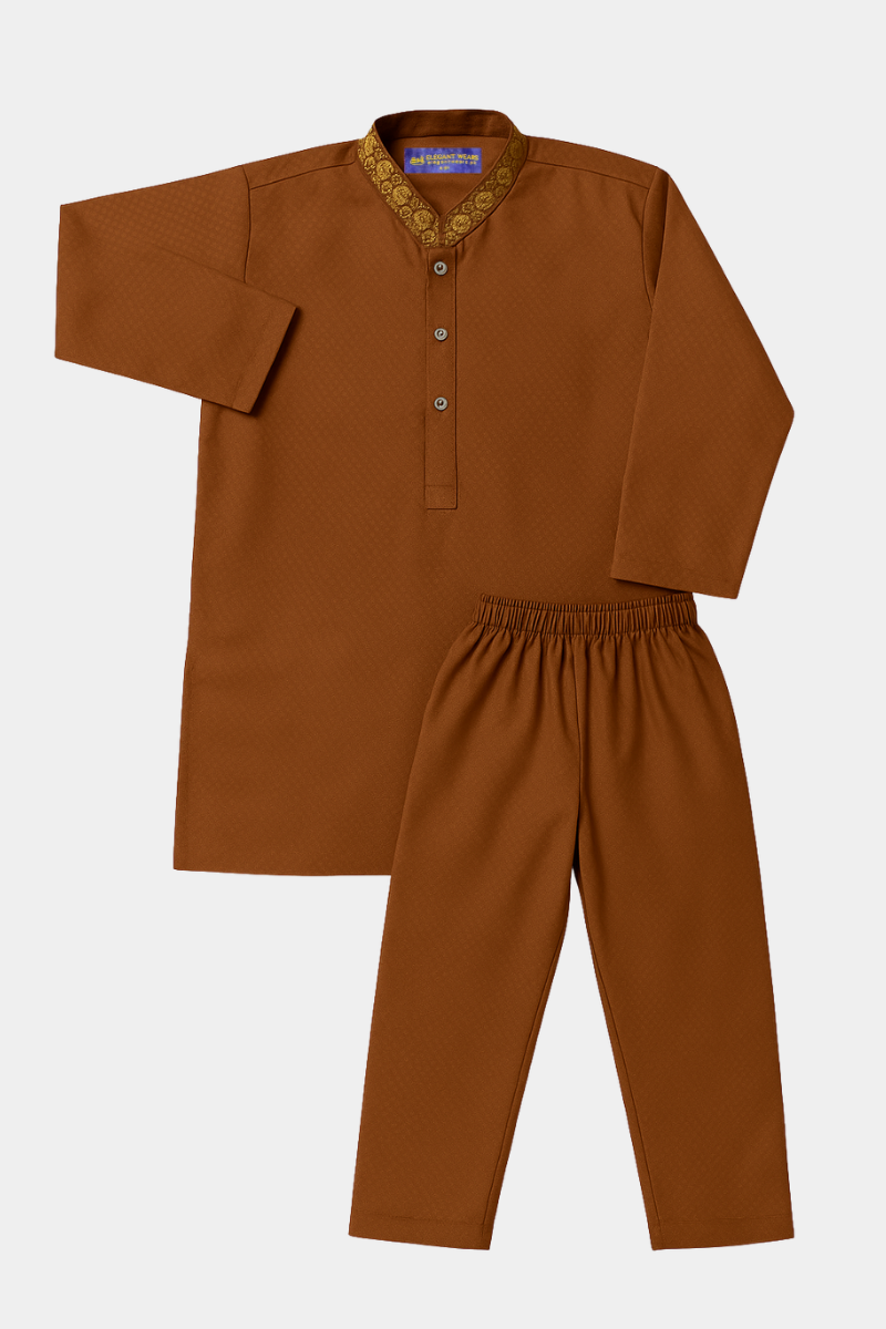 Classic Brown Boys’ Kurta Pajama with Embroidered Collar – 2 Piece Traditional Suit