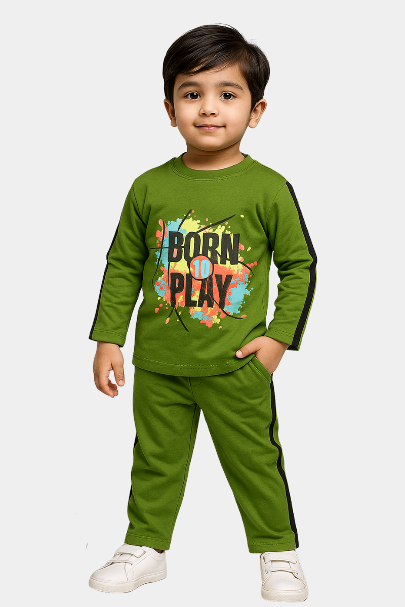 Kids’ “Born to Play” Olive Green Full-Sleeve Pajama Set – Premium Soft Cotton