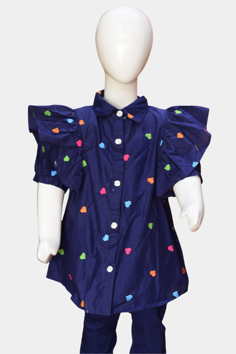 Kids' Navy Heart Embroidered Shirt with Ruffle Sleeves | Adorable Button-Up Top