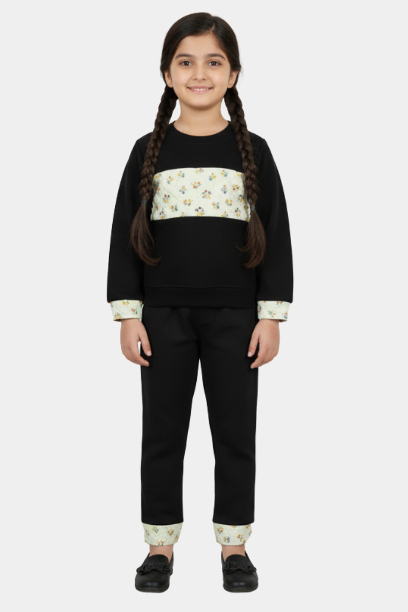 Chic Black & Floral Tracksuit | Girls' Cozy Everyday Set