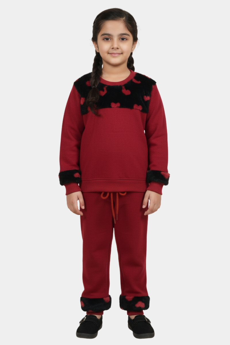 Sweetheart Plush Tracksuit | Girls' Burgundy & Heart Fuzzy Set
