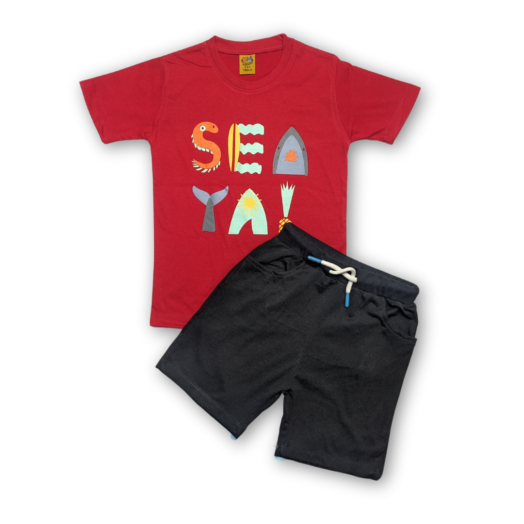 Boys' "Sea Ya!" Red T-Shirt & Black Shorts Set