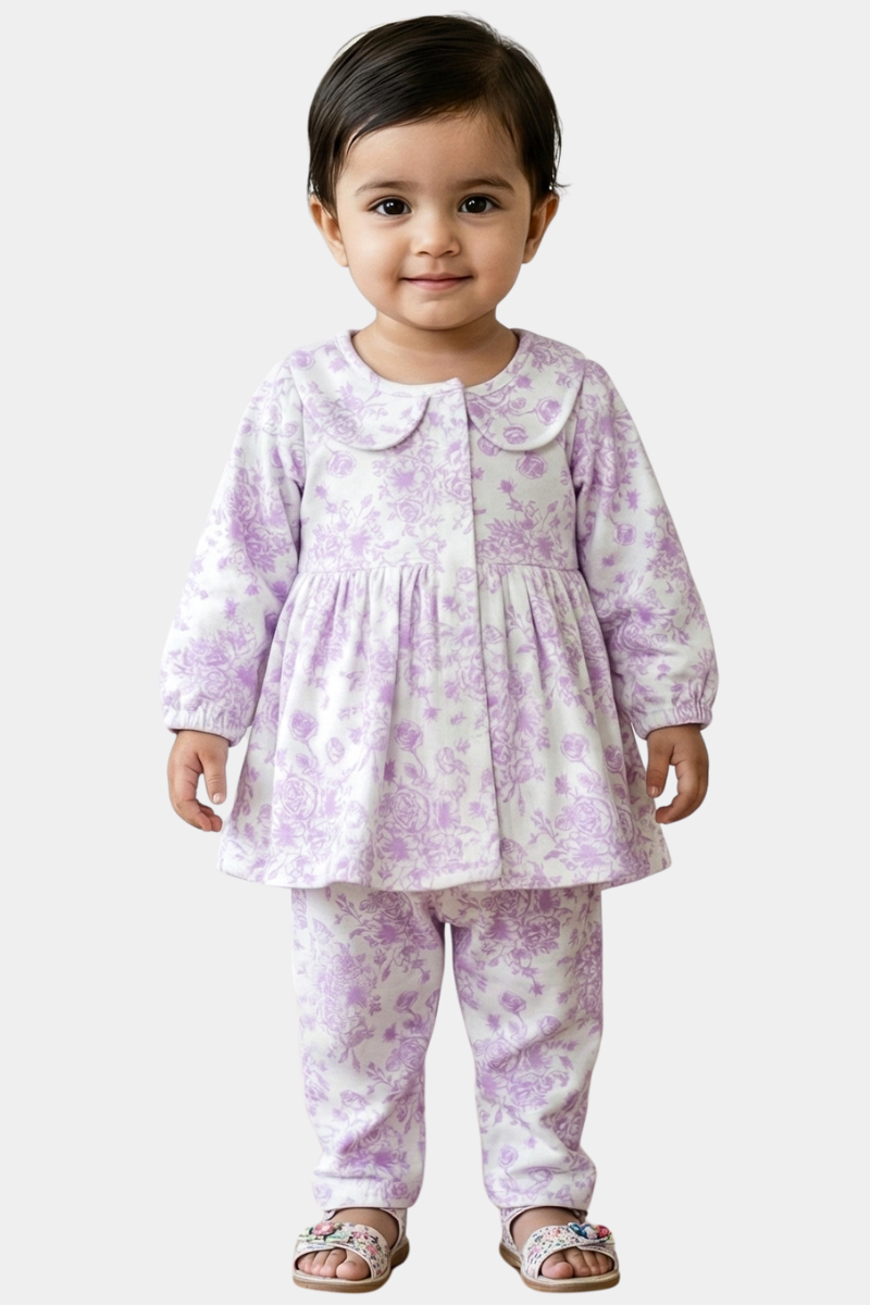 Infant Girl Lavender Floral 2-Piece Set with Peter Pan Collar – Cozy Winter Loungewear
