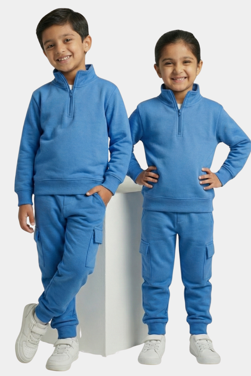 Kids' Unisex Blue Quarter-Zip Fleece Tracksuit with Cargo Pockets