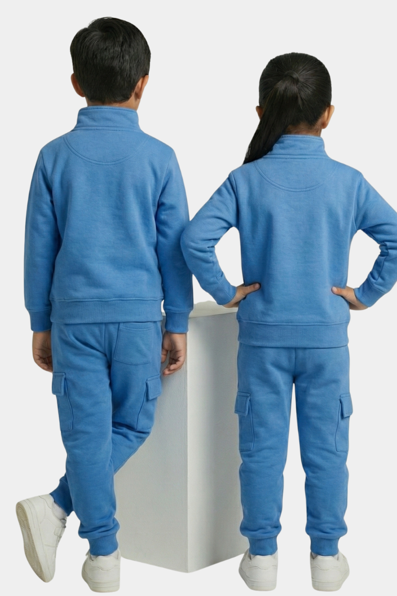 Kids' Unisex Blue Quarter-Zip Fleece Tracksuit with Cargo Pockets