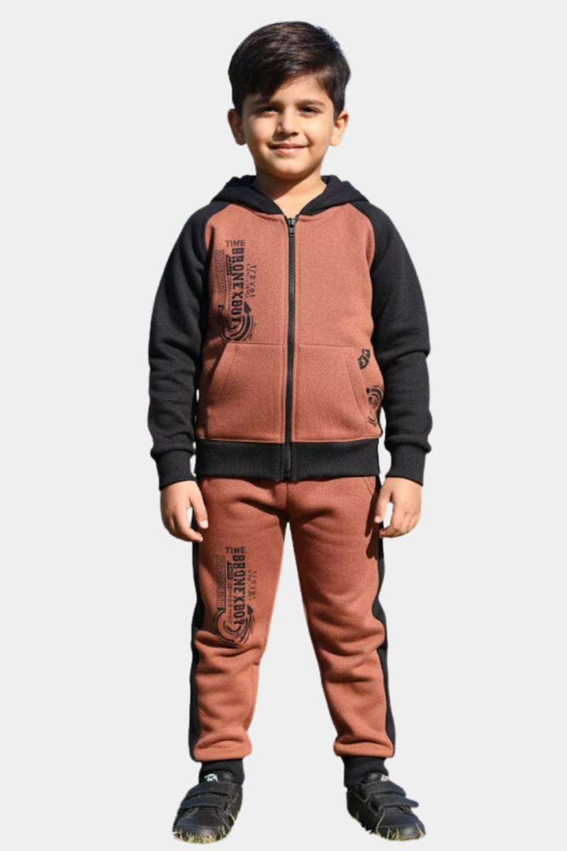 Boys' Rust & Black Colorblock Zip-Up Tracksuit Set - Warm Fleece 2-Piece