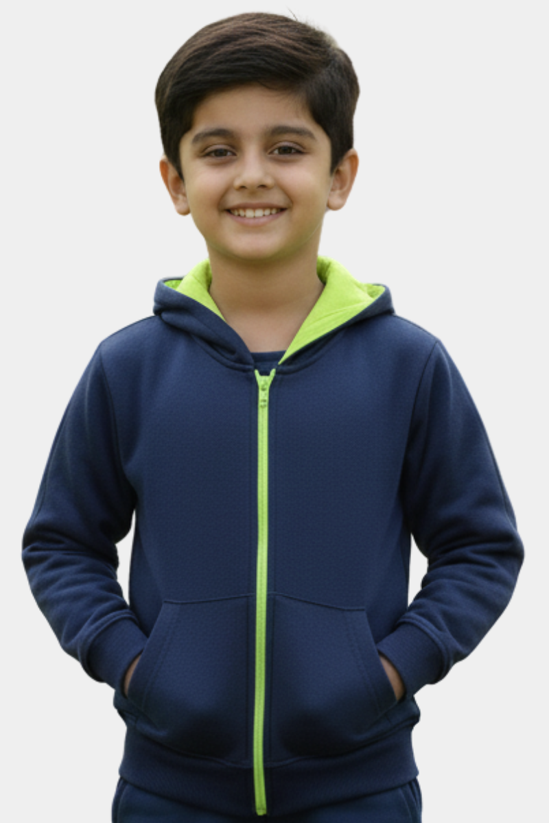Kids' Neon Lined Full-Zip Hoodie - Navy & Lime Green