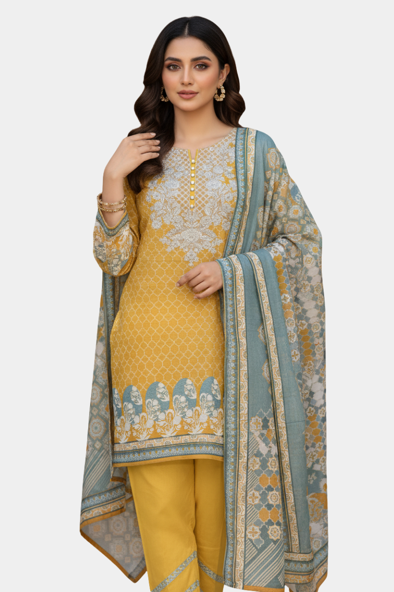 Mustard Glow: Printed Lawn/Khaddar 3-Piece Suit