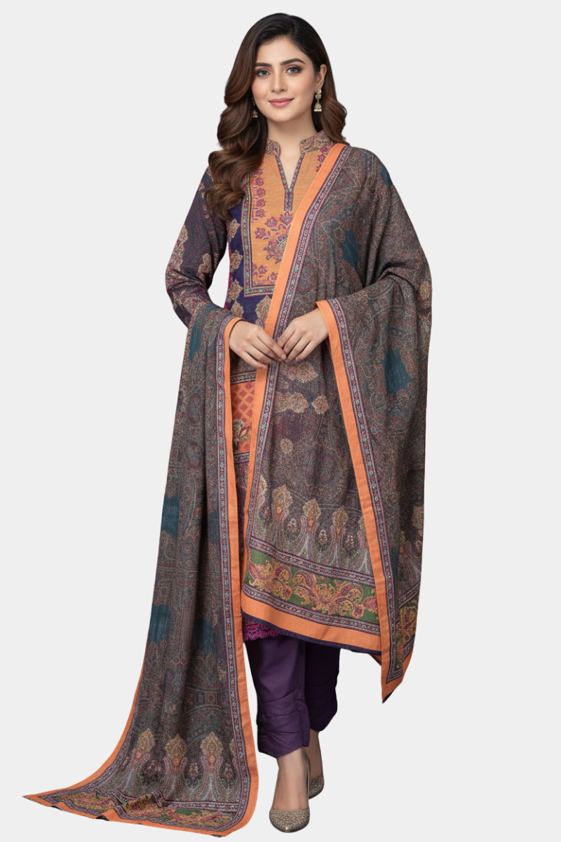 Twilight Paisley: Rich Printed Khaddar 3-Piece Suit