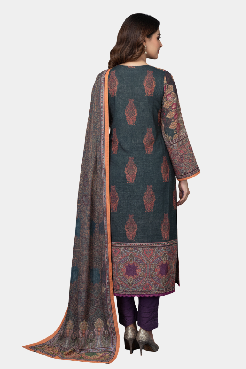 Twilight Paisley: Rich Printed Khaddar 3-Piece Suit