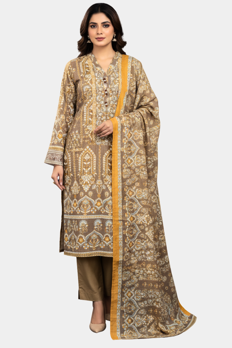 Heritage Hues: Brown & Gold Printed Lawn/Khaddar Suit