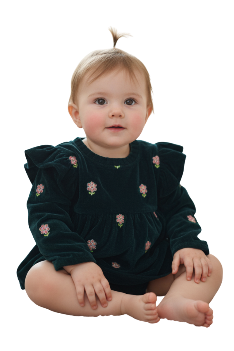 Adorable Embroidered Velvet Baby Dress - Dark Green