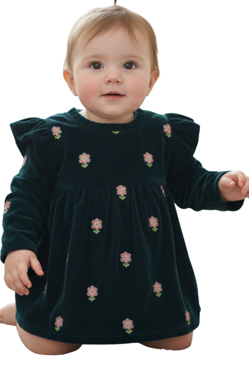 Adorable Embroidered Velvet Baby Dress - Dark Green