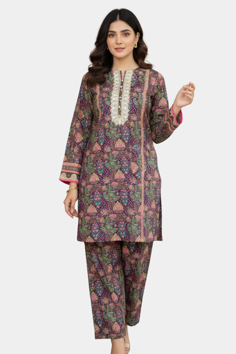 Embroidered Neckline Printed Cotton Ensemble