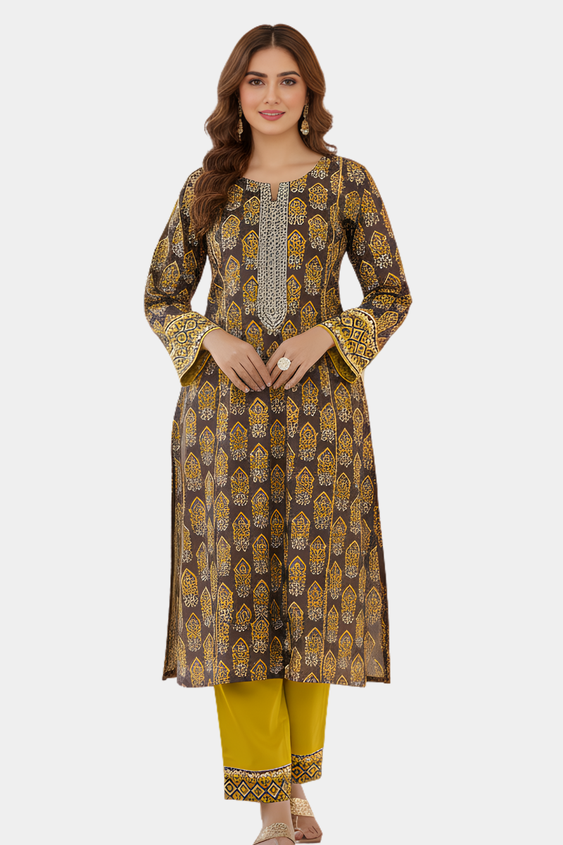 Embroidered Neckline Printed Two-Piece Suit