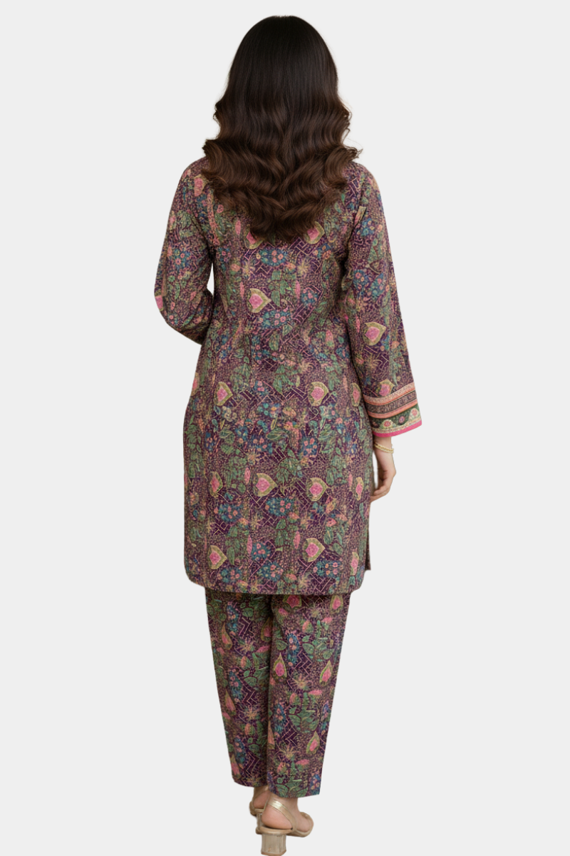 Embroidered Neckline Printed Cotton Ensemble