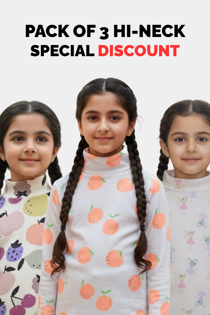 Pack of 3 Girls' Printed Hi-Neck Shirts - Fun Pattern Turtleneck Bundle