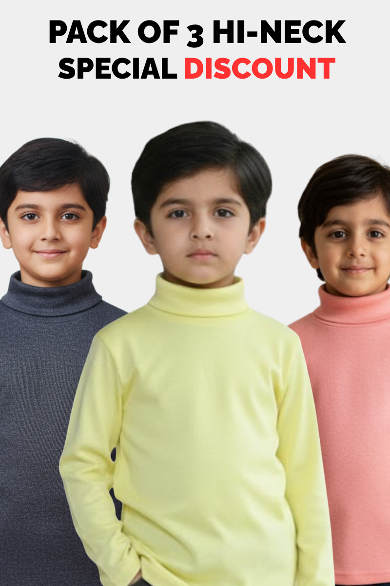 Pack of 3 Boys' Hi-Neck Turtleneck T-Shirts - Winter Essential Combo