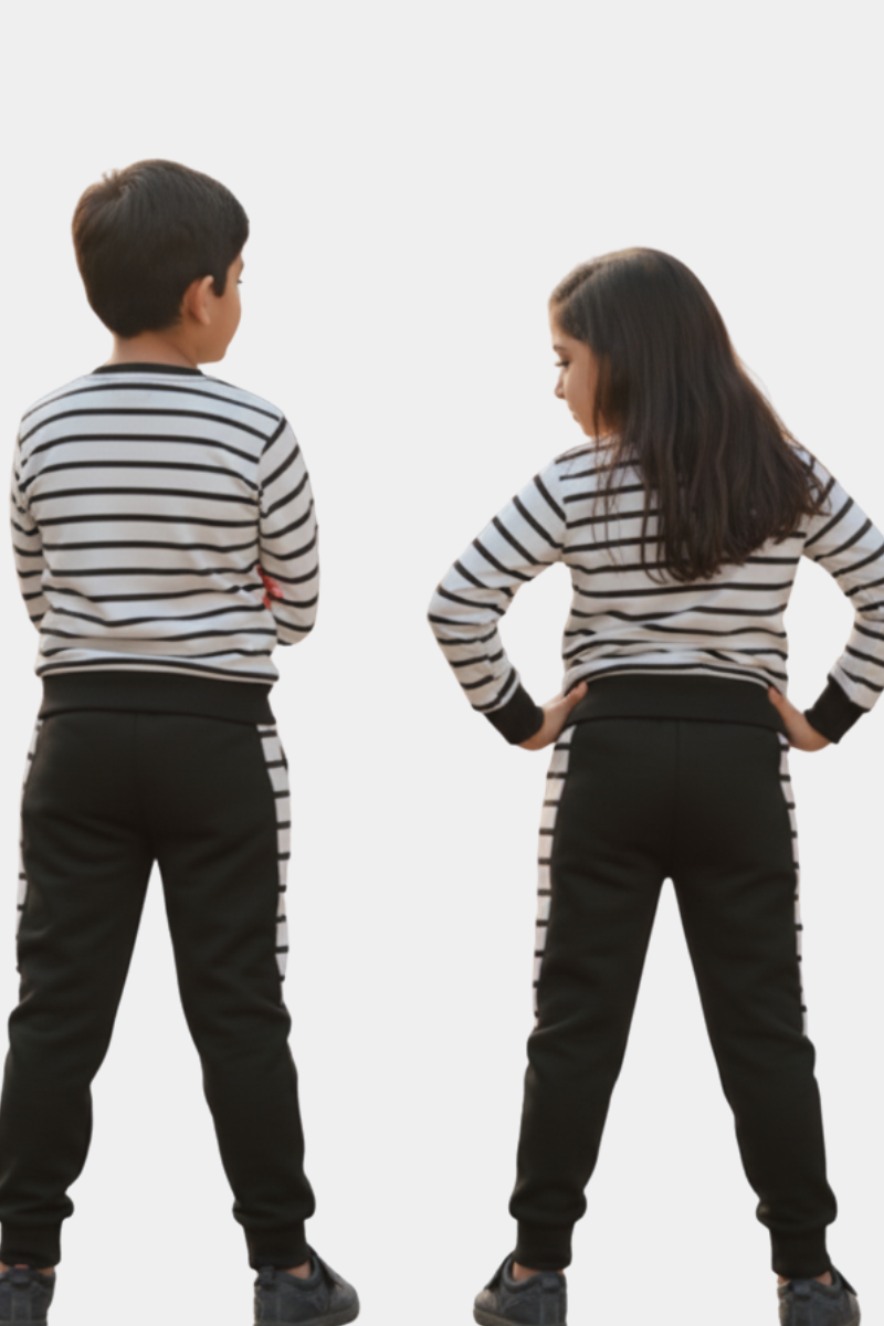 Trendy Black & White Striped Kids' Tracksuit - Yan Diet Fleece