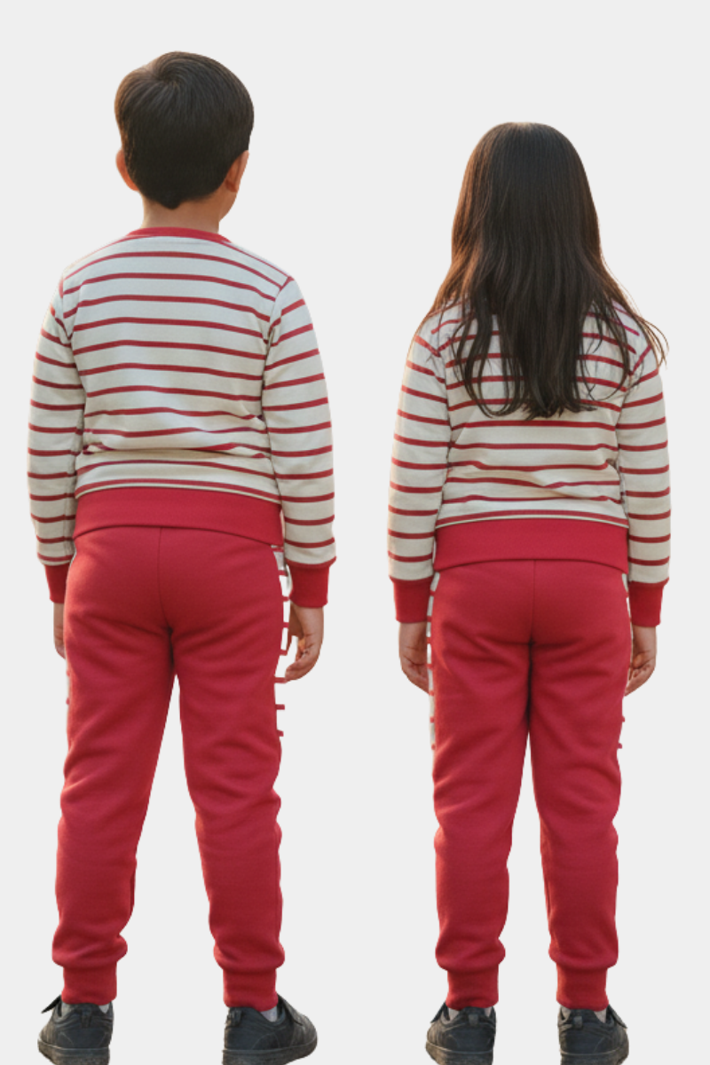 The 'Buddy' Unisex Yan Diet Fleece Kids' Loungewear Set | Striped Sweatshirt & Red Joggers