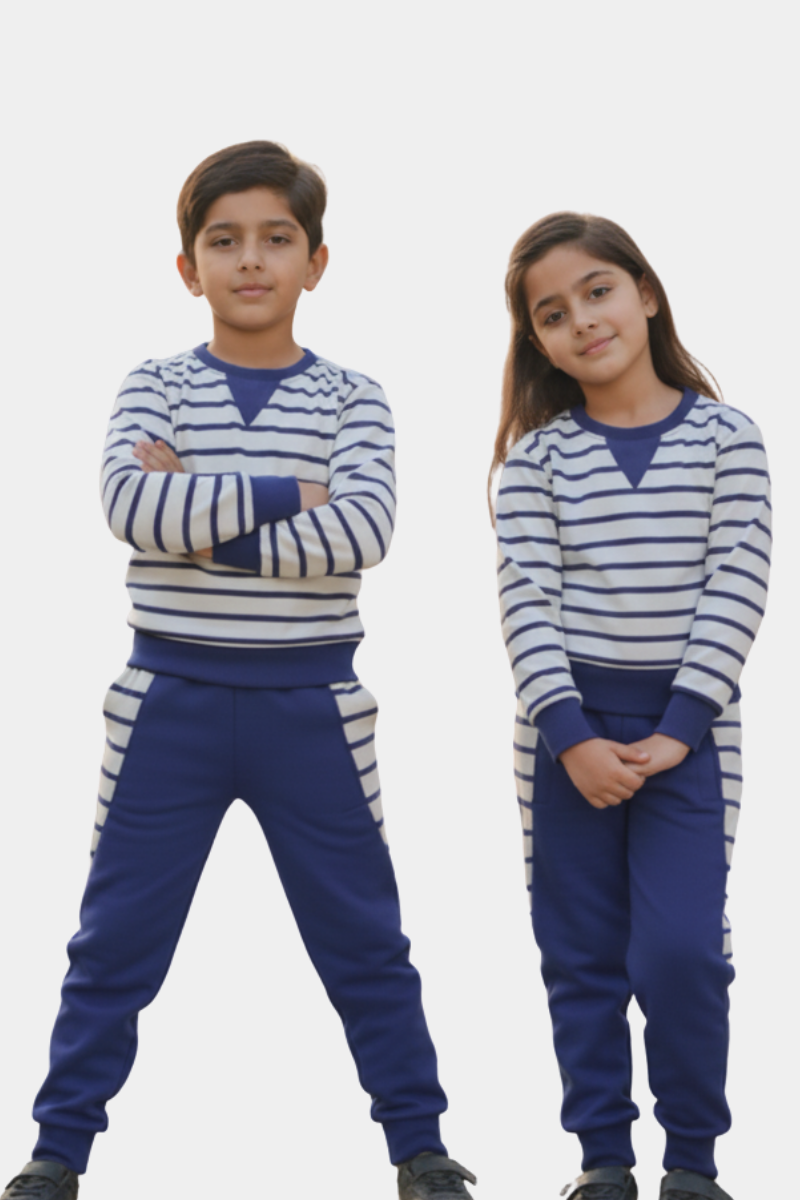 Cozy Sailor Stripes Yan Diet Fleece Kids' Tracksuit - Navy & White Set