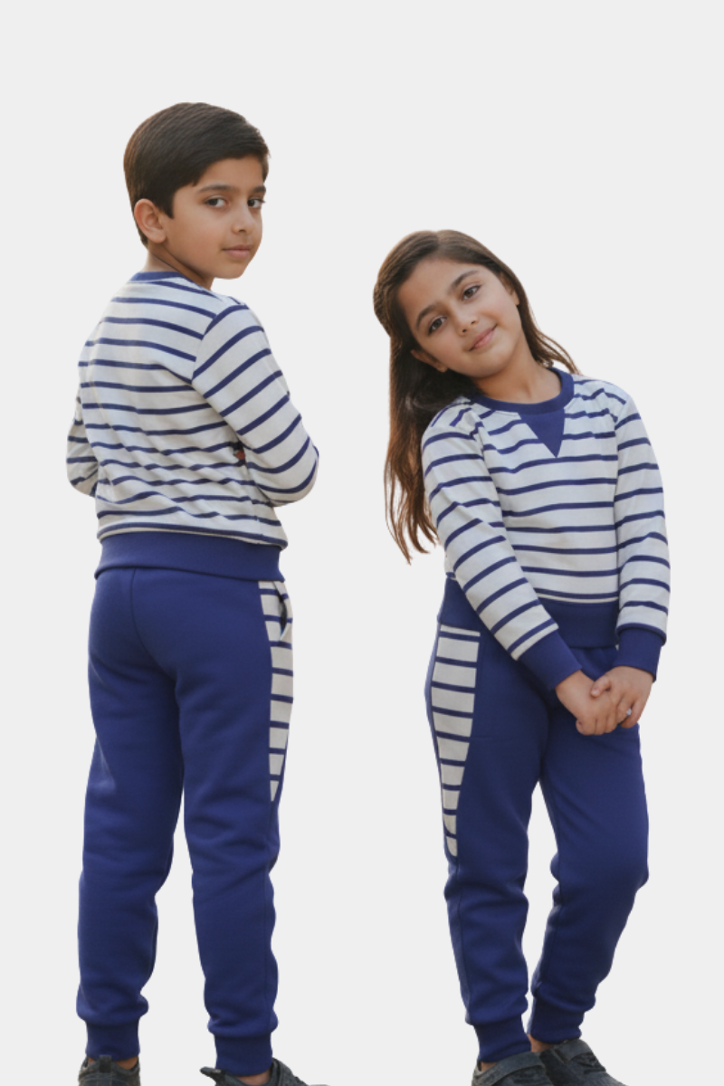 Cozy Sailor Stripes Yan Diet Fleece Kids' Tracksuit - Navy & White Set
