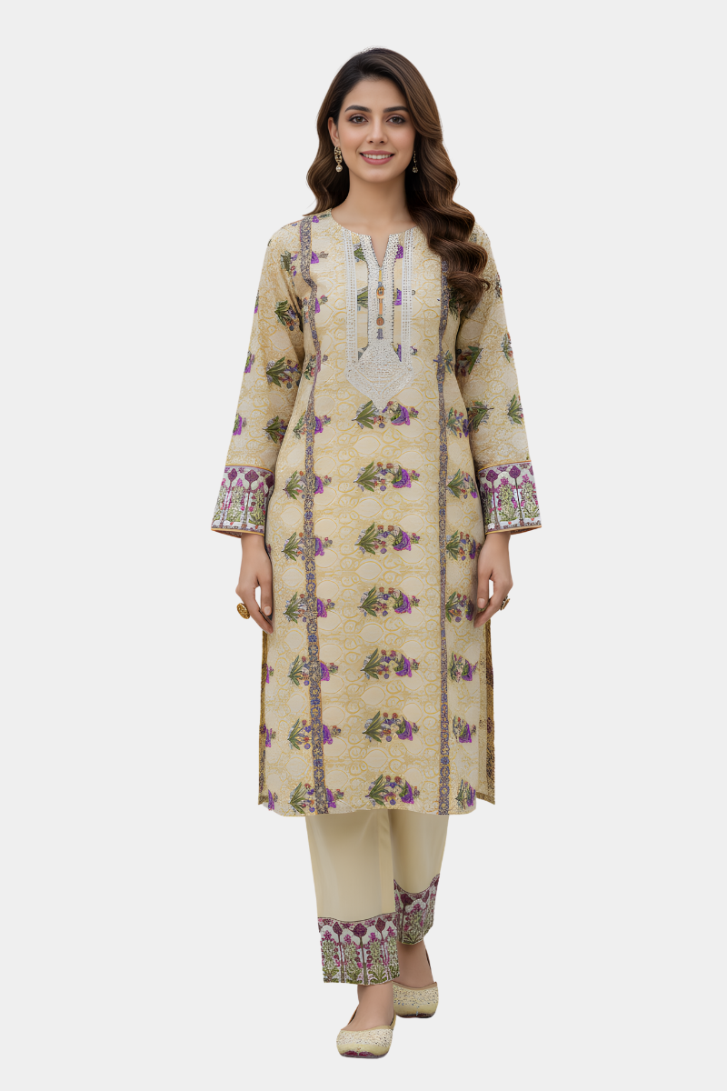 Regal Bloom Printed Kurta with Embroidered Neck
