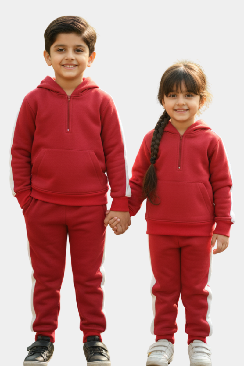 Dynamic Duo: Fleece Red & White Stripe Kids' Zipper Hoodie Tracksuit (2pc)
