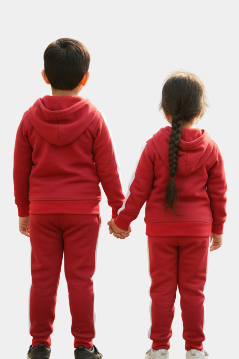 Dynamic Duo: Fleece Red & White Stripe Kids' Zipper Hoodie Tracksuit (2pc)