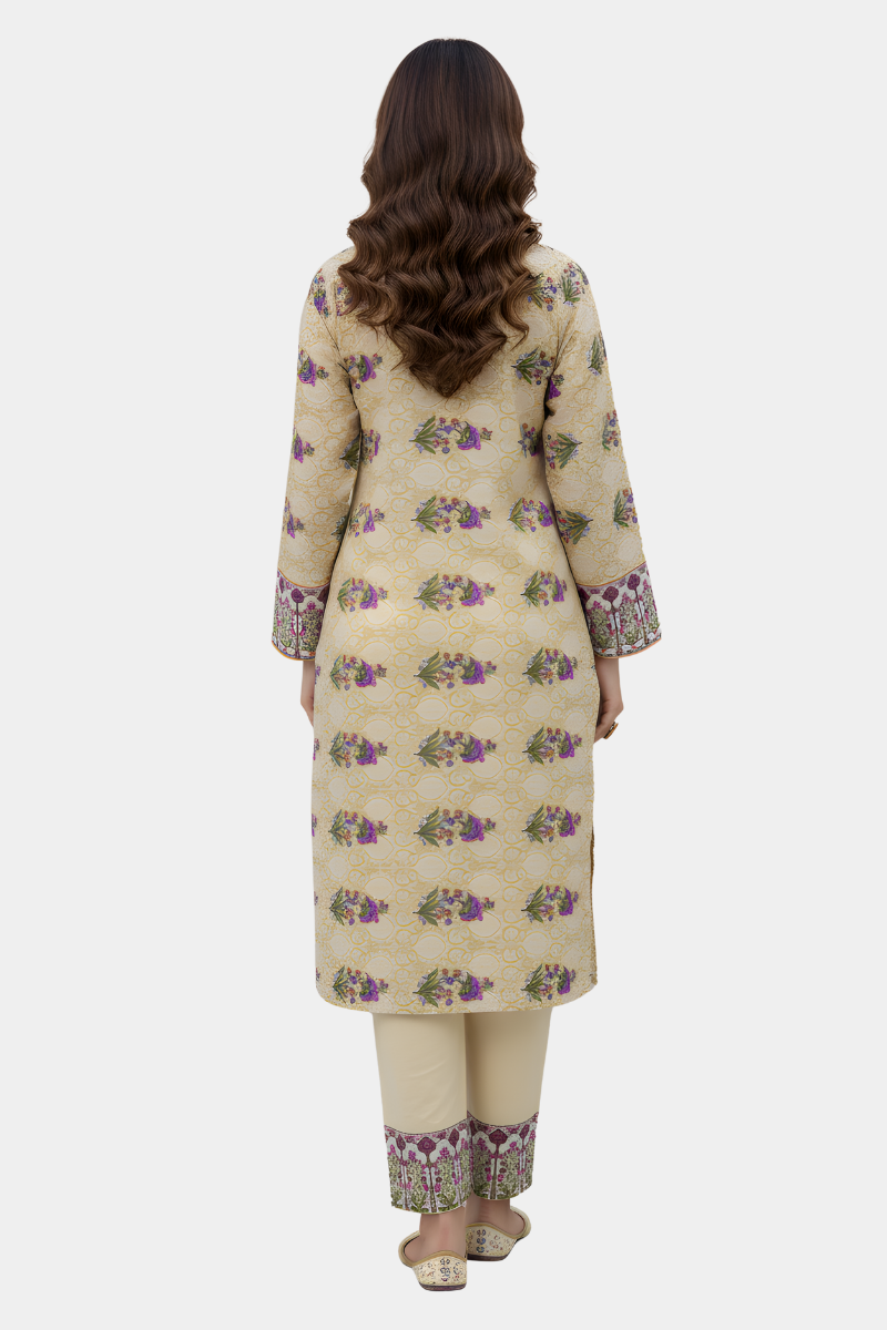 Regal Bloom Printed Kurta with Embroidered Neck