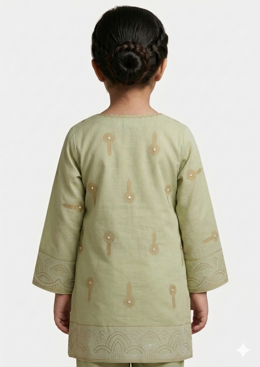 Girls Pistachio Green Embroidered looked Print Festive Kurta â€“ Single Shirt.