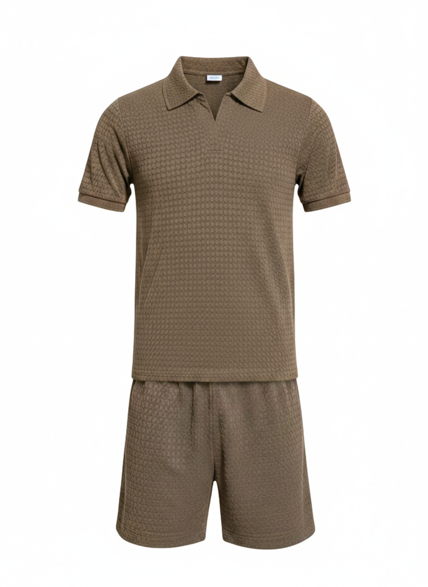 Boys Textured Polo Top & Shorts Set – Classic Brown Summer Outfit