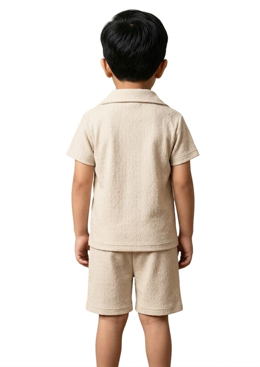Beige Textured Polo & Shorts Set – Smart Summer Co-ord for Boys