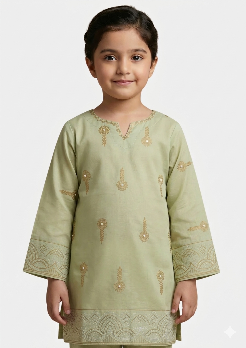 Girls Pistachio Green Embroidered looked Print Festive Kurta â€“ Single Shirt.