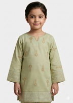 Girls Pistachio Green Embroidered looked Print Festive Kurta â€“ Single Shirt.