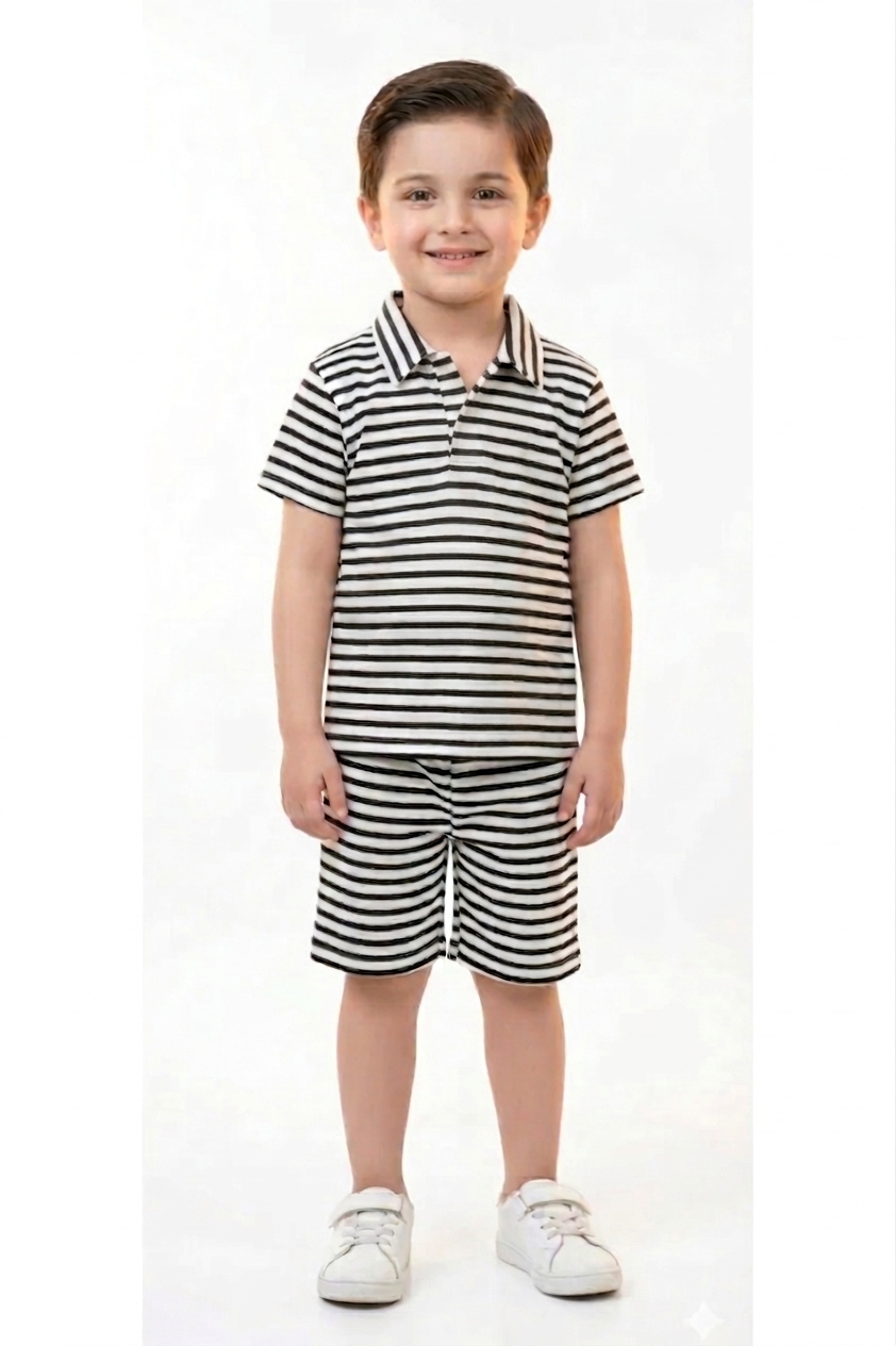 Boys' Black and White Striped Polo & Shorts Set