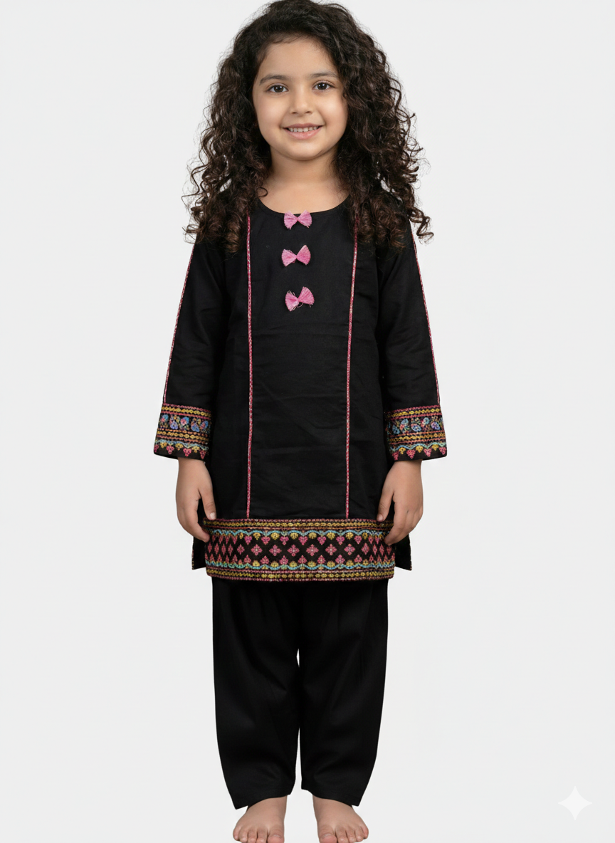 Girls' Sophisticated Black 2-Piece Embroidered Shalwar Kameez Set