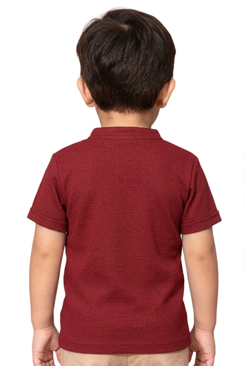 Boys' Mahroon  Lace-Up Henley Shirt – Textured Short Sleeve Casual Top