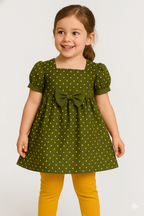 Girls' Olive Green Polka Dot Dress with Bow – Cute & Stylish Toddler Outfit