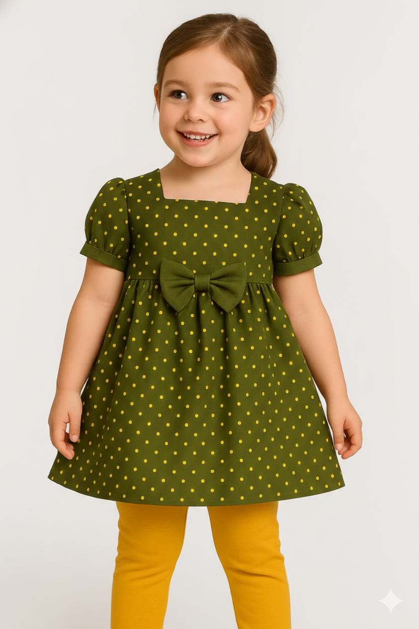 Girls' Olive Green Polka Dot Dress with Bow – Cute & Stylish Toddler Outfit