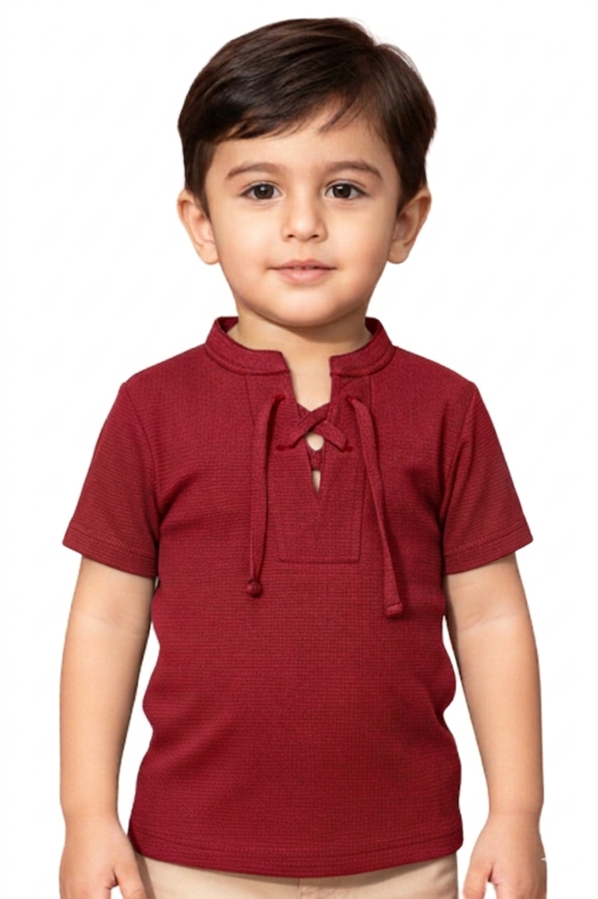 Boys' Mahroon  Lace-Up Henley Shirt – Textured Short Sleeve Casual Top