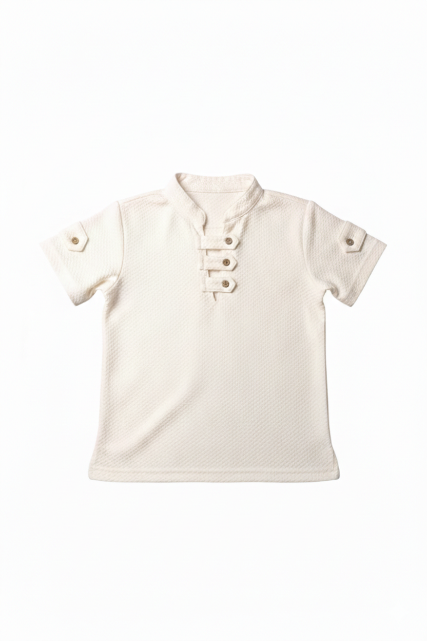 Boys' Premium White Textured Henley Shirt – Casual Short Sleeve Summer Top