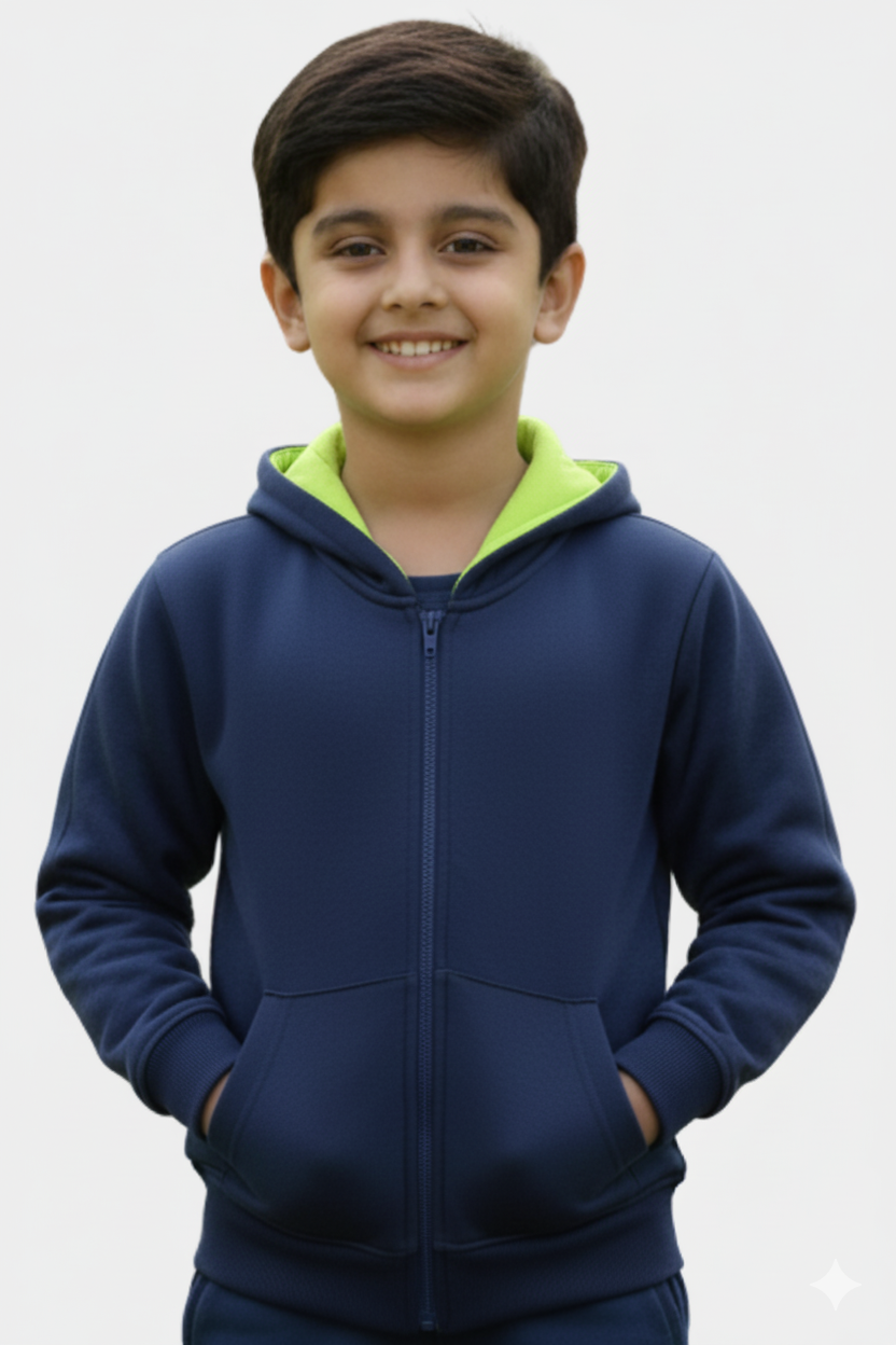 Kids' Neon Lined Full-Zip Hoodie - Navy & Lime Green