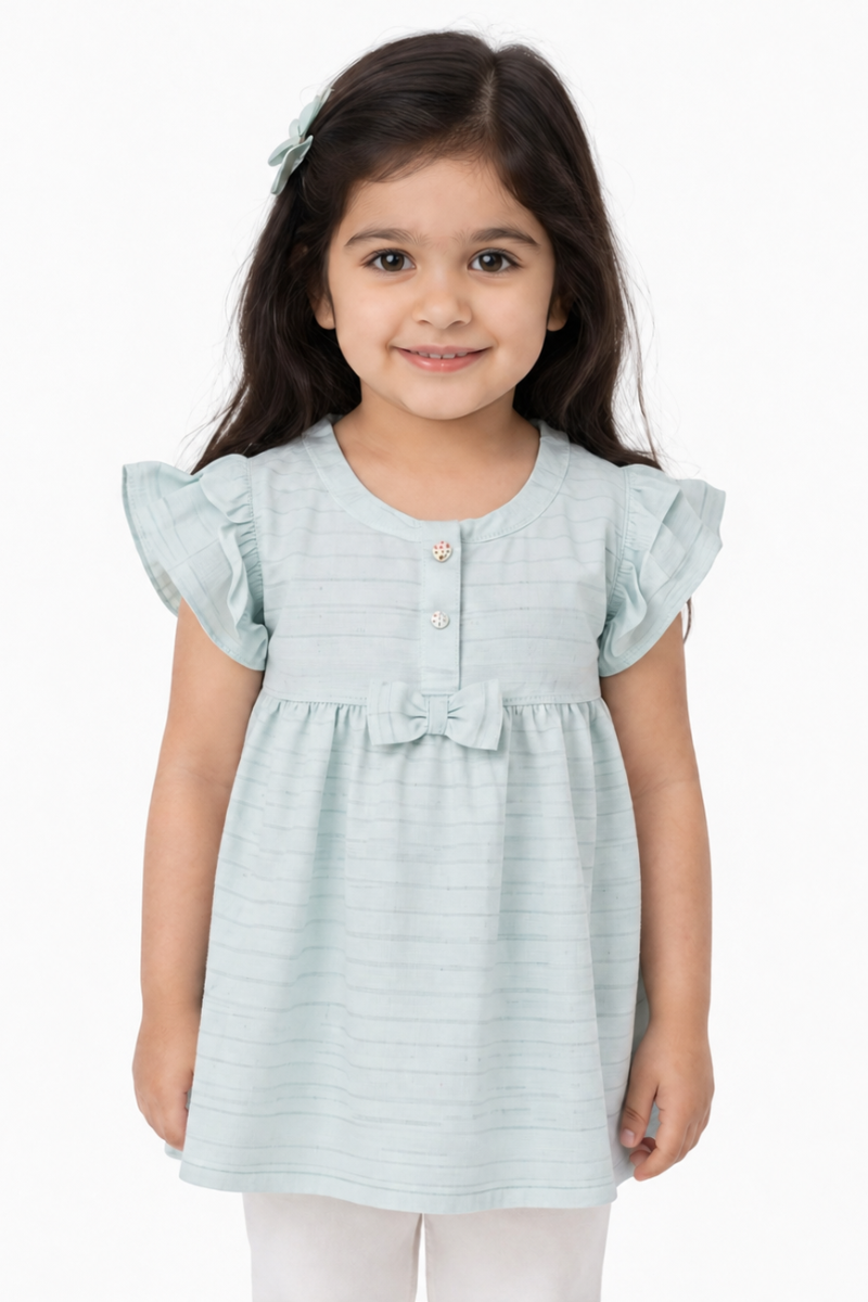 Girls Mint Green Flutter Sleeve Dress | Soft China Fabric Summer Dress for Kids