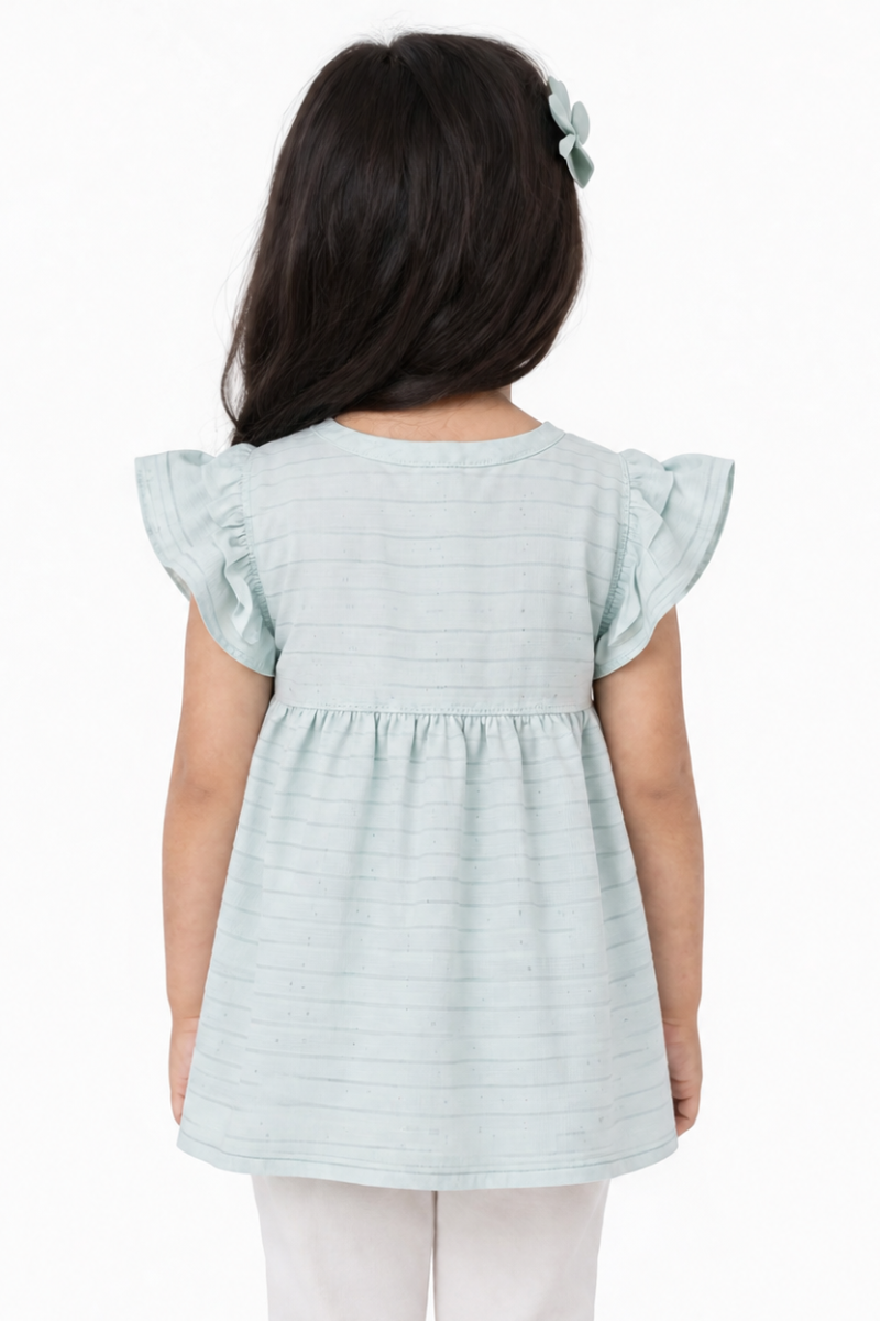 Girls Mint Green Flutter Sleeve Dress | Soft China Fabric Summer Dress for Kids
