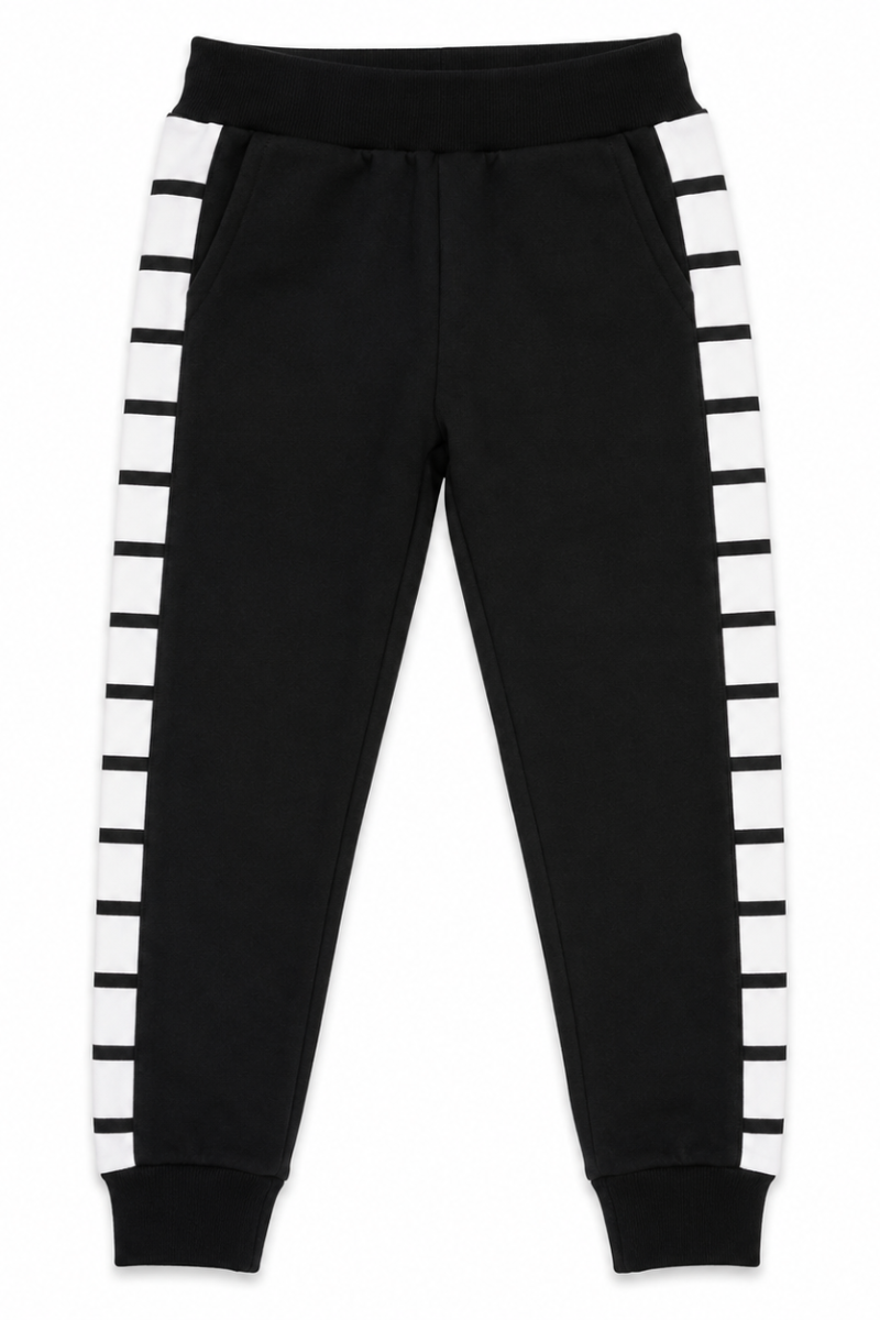 Kids Black & White Striped Fleece Tracksuit Set | Stylish & Comfortable Winter Wear