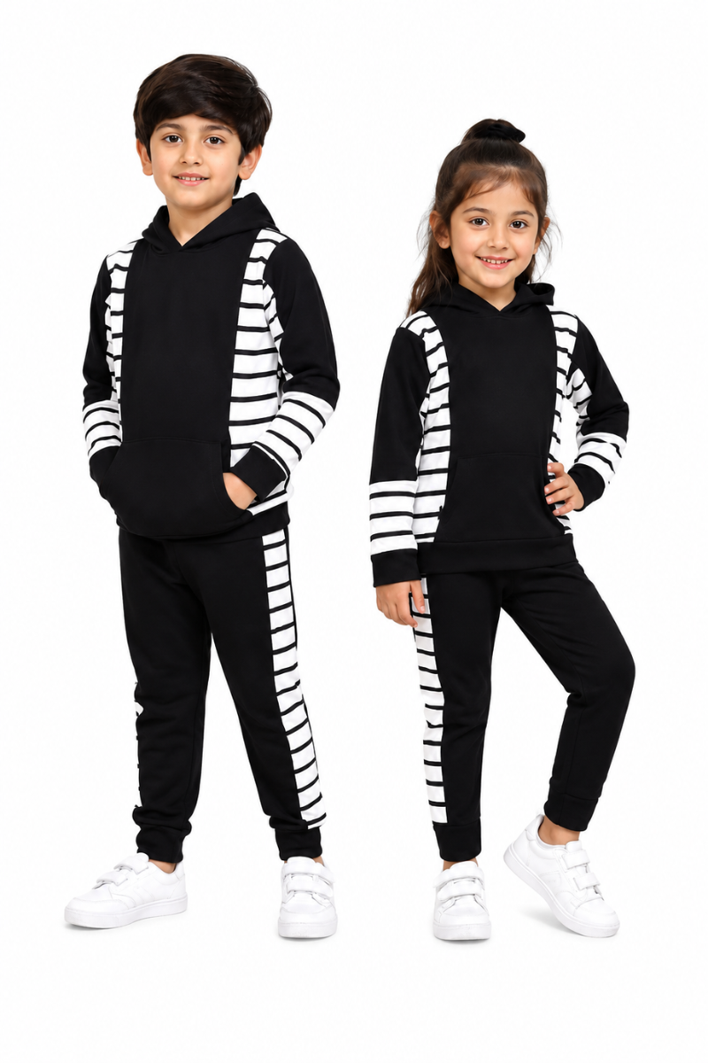 Kids Black & White Striped Fleece Tracksuit Set | Stylish & Comfortable Winter Wear