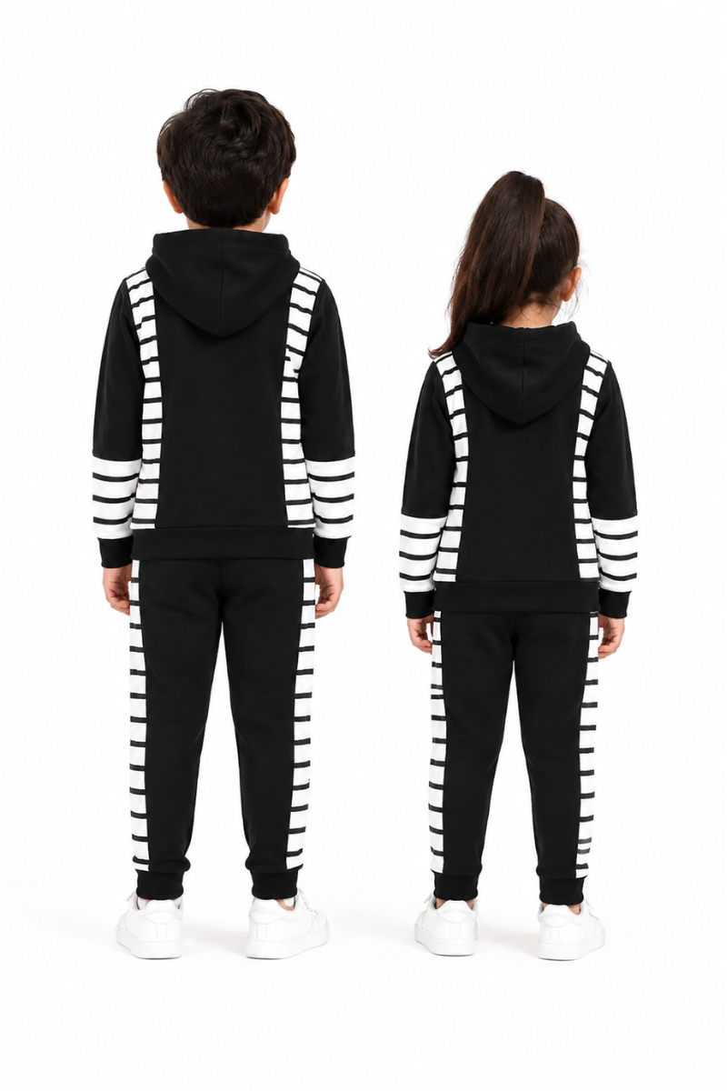 Kids Black & White Striped Fleece Tracksuit Set | Stylish & Comfortable Winter Wear